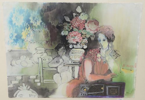 Batia Magal (Israeli, b. 1953), interior scene with mother and child, mixed media on paper, signed center right 'B. Magal', sheet 22" x 30".