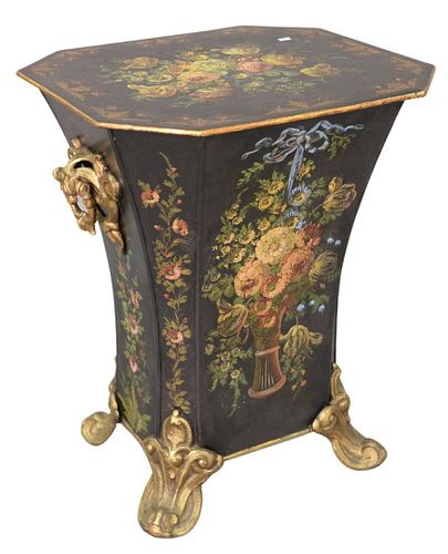 Large Tole Coal Hod, having gilt and paint decoration, scroll handles and feet, height 26 inches, top 20" x 22".
