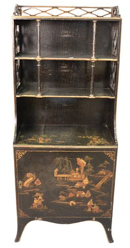 Chinoiserie Decorated Bookcase, open top and door in base, height 54 inches, width 22 1/4 inches.