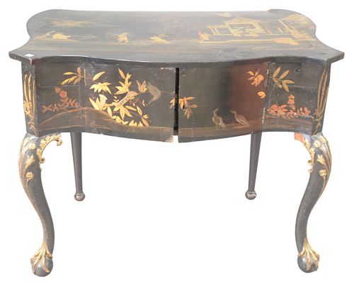 Dutch Louis XV Style Gold and Black Japanned Server, painted with chinoiserie scenes, slightly bombe shaped case with 2 doors opening to 3 fitted draw