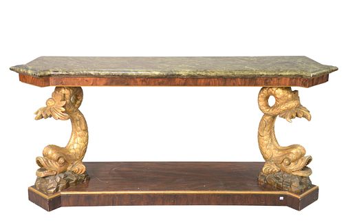 Pier Table, having shaped faux marble top over dolphin supports, set on burlwood base, height 34 inches, length 76 inches, depth 24 inches.
