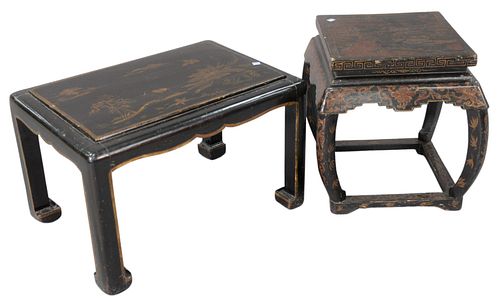 Two Black Lacquered Chinoiserie Stands, one rectangular with gilt flowers and landscape scene, height 16 inches, top 17 1/2" x 25"; along with a squar