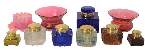 Tray Lot to Include Seven Glass Inkwells, 2 blue, 2 amber, 1 yellow and 2 clear, largest marked 'Levenger'; a pair of cranberry bowls; along with a bo
