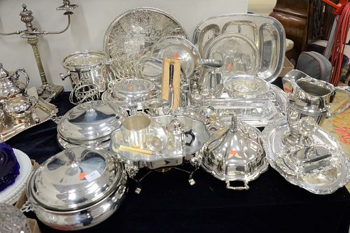 Large Group of Silver Plate to include two ice buckets, large trays, pitcher, serving pieces, tureens, etc.