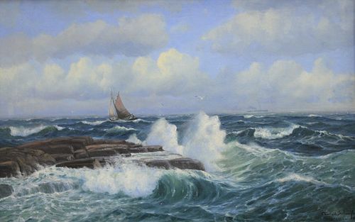 Conrad Selmyhr (Norwegian, 1877 - 1944), seascape, Marstrand, 1904, oil on canvas, signed, dated and inscribed: Conrad Selmyhr, Marstrand, 1904, 25 1/