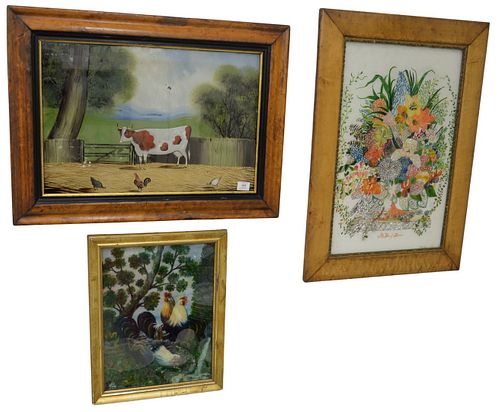 Three Reverse Paintings on Glass, to include two farm scenes along with one floral foil still life, titled The View of Flowers, all unsigned, largest 