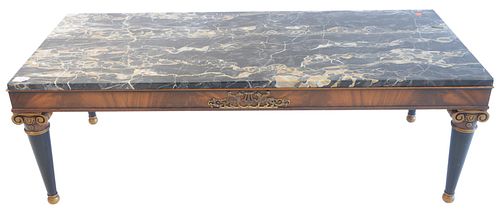 Continental Style Coffee Table, with gray marble top, height 17 inches, top 21" x 50". Provenance: Matthes-Theriault Collection, Woodbridge, Connectic