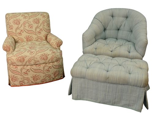 Two Custom Upholstered Club Chairs, to include one tufted barrel back with ottoman; along with one in floral upholstery, height 32 inches, width 33 in