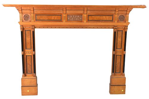 Victorian Satinwood and Burl Walnut Fire Mantle, with ebony and marquetry, circa 1890, height 54 inches, width 75 inches, opening height 40 inches, op