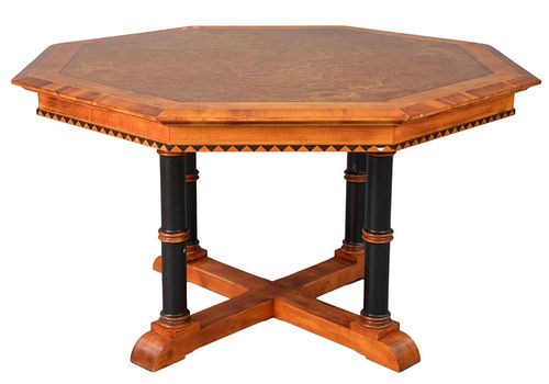 David Linley Octagon Hall Table, with inlays of burr ash, and ebony frieze with diamonds, all supported by ebonized columns, set on plain base, new co