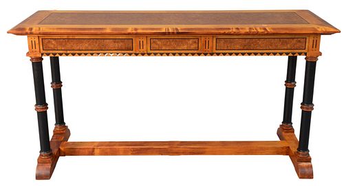 Linley Custom Console Table, with inlaid burr ash and ebony frieze, with three panels and ebonized diamonds, all set on ebonized columns, set on plain