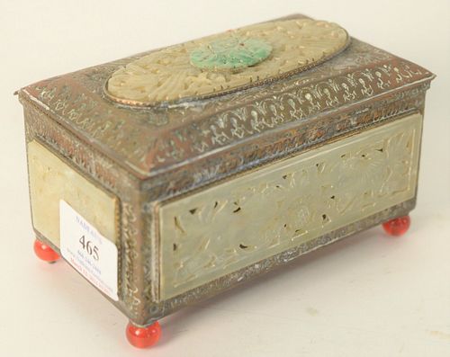 Chinese embossed copper box with jade and hardstone plaques, height 3 inches, width 5-1/4 inches, depth 3 inches.