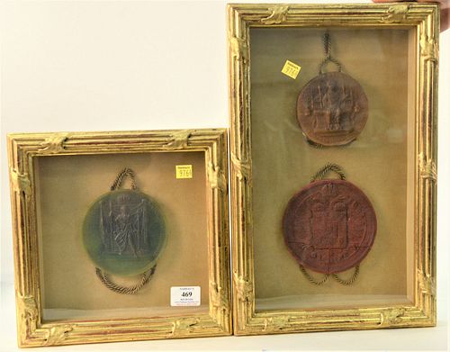 Two Piece Framed Lot of Three Large Royal Wax Seals, to include seals from Napoleon I, 1804; King Edward III, 1340; and the widow seal of Empress Mari