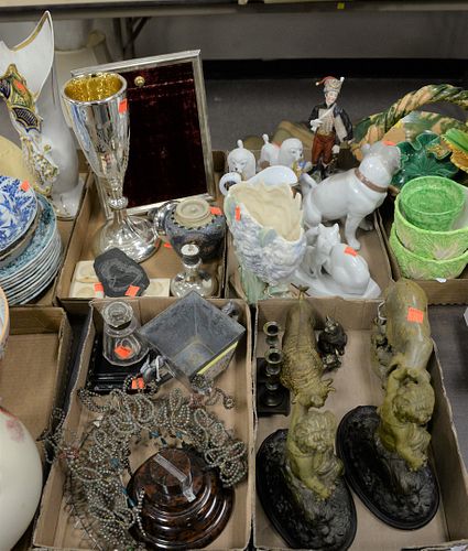 Four Box Lots, to include porcelain figures; several small bronze sculptures; a Tiffany & Company sterling silver frame; 2 mercury glass tie backs; a 