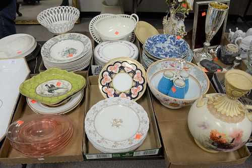 Six Tray Lots of Various Porcelain Plates and Platters, to include pink glass plates; a white gold rimmed fish platter; a reticulated compote; blue co