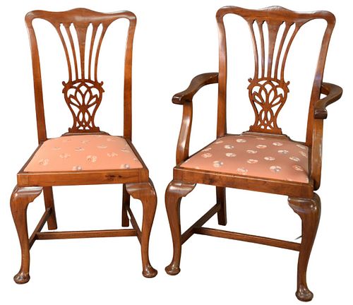 Set of Ten Queen Anne Style Mahogany Dining Chairs, with upholstered slip seats, seat height 42 1/2 inches.