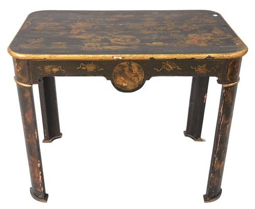 Chinoiserie Black Lacquered Table, 18th or 19th Century, having gilt and paint decoration, with one drawer, on curved legs, height 28 inches, top 24" 