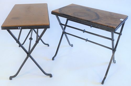 Pair of Iron rectangle tables with cross stretcher base and leather tops, height 23 inches, top 15" x 25".