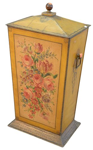 Victorian tole coal hod, painted yellow with flowers, height 27 inches, width 14 inches.
