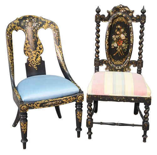 Two Victorian Black Lacquered Ladies Chairs, having mother of pearl inlay, and gilt decoration, upholstered seat cushion, seat height 16 inches.