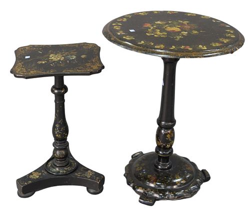 Two Victorian Black Lacquered Stands, one papier mache with mother of pearl and painted flowers, height 28 inches, diameter 21 inches; along with smal