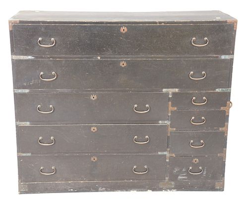 Black Painted Campaign Chest having four drawers and brass mounts; width 46 inches, height 39 inches.
