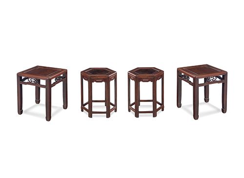 A Pair of Huanghuali Square Stools and Rosewood Hexagonal Stools