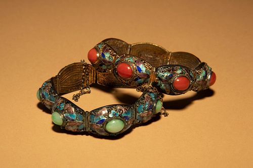 Two Inset and Enamel on Silver Bracelets