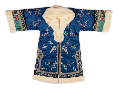 A Fur Lined Blue Ground Embroidered Silk Winter Coat