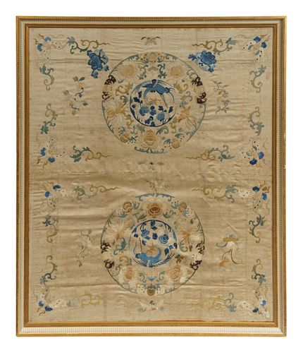 A Large Cream Ground Embroidered Silk Panel
