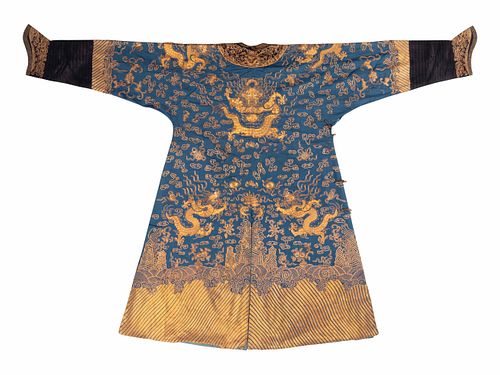 A Blue Ground Embroidered Silk Dragon Robe,Jifu