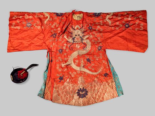 An Embroidered Silk Theatrical 'Dragon' Robe and an Official Hat