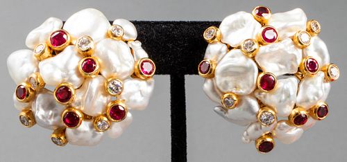 Asprey 18K Gold Diamond, Ruby & Pearl Earrings