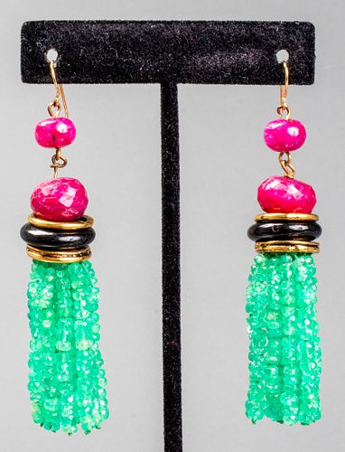 Tutti Frutti Style Ruby, Onyx & Emerald Earrings