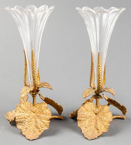 Gilt Bronze & Glass Foliate Motif Vases, Pair