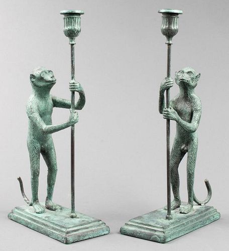 Maitland-Smith Bronze Monkey Candle Holders, Pair