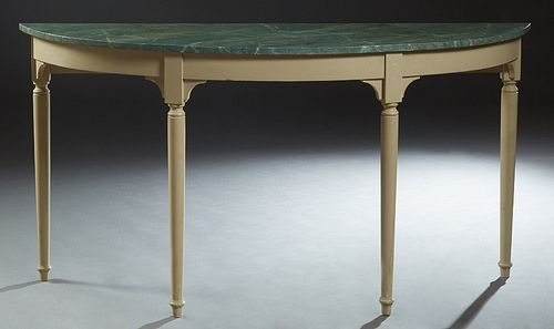 French Louis Philippe Polychromed Demilune Console Table, 19th c., the faux marble top over a wide skirt, on turned tapered legs, now in creme paint, 