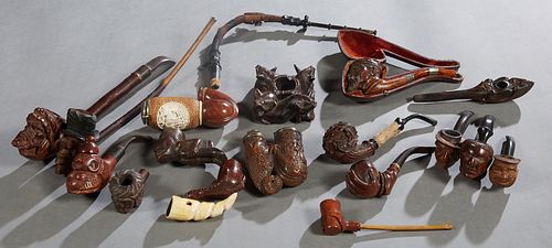 Collection of Eighteen Unusual Wood Pipes, one Meerschaum with a faux wicker bowl; one rosewood example; one Arab example by Vauen; one with a grape c