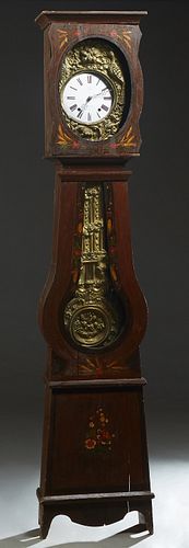 French Provincial Faux Bois Carved Pine Tallcase Clock, 19th c., with painted floral decoration, the stepped crown over a brass repousse face with bir
