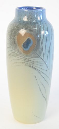 Charles Carl Schmidt Rookwood Vase, painted with peacock feather, marked for Rookwood '907F', one inch hairline crack near top of rim, height 8 inches