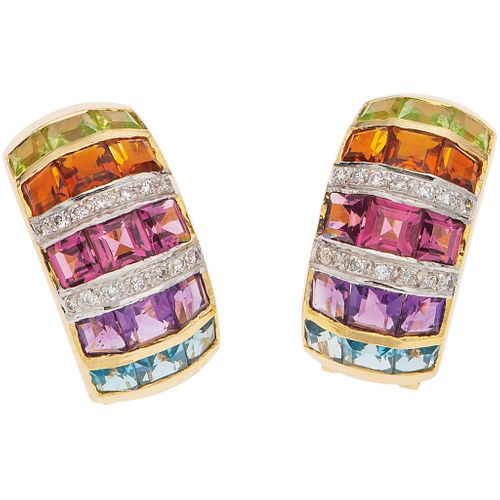 PAIR OF EARRINGS WITH AMETHYSTS, GARNETS, PERIDOTS, TOPAZ AND DIAMONDS IN 14K YELLOW GOLD 30 semi-precious gems