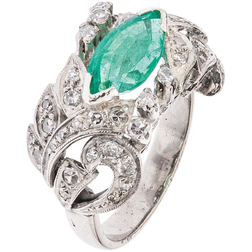 RING WITH EMERALD AND DIAMONDS IN PALLADIUM SILVER 1 Marquise cut emerald ~1.10 ct, 42 8x8 cut diamonds. Size: 6 ½