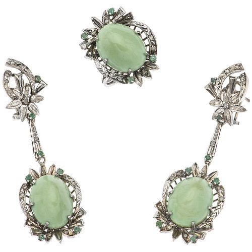 SET OF RING AND PAIR OF EARRINGS WITH CHRYSOPRASUS, EMERALDS AND DIAMONDS IN PALLADIUM SILVER 3 Chrysoprasus, 18 emeralds, 39 diamonds
