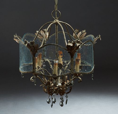 Unusual Iron Curved Glass Six Light Chandelier, 20th c., the six interior lights within six curved bubble glass panels separated by relief iron flower