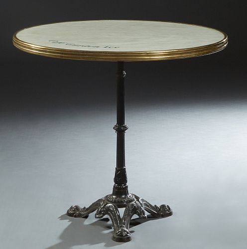 French Circular Bistro Table, 20th c., for "Cafe Garden Ice," the banded top on a wrought iron base, H.- 28 3/4 in., Dia.- 31 1/2 in.