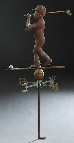 Copper and Brass Weathervane, mid 20th c., in the form of a golfer, atop directional markers, H.- 52 in., W.- 23 1/2 in., D.- 19 in.