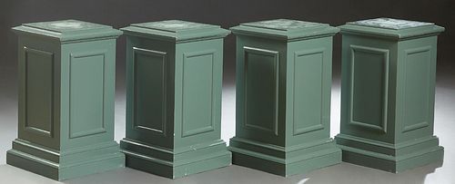 Set of Four Polychromed Carved Birch Pedestals, 20th c., the stepped square top over paneled sides, to a stepped square base, now in muted green paint