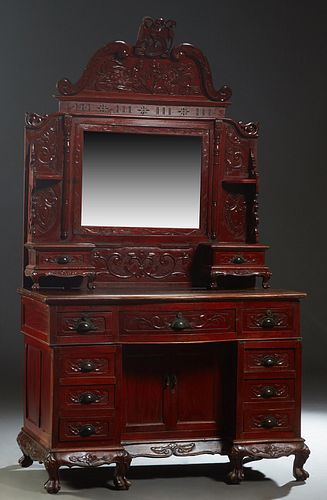 Chinese Republic Era Carved Mahogany Dresser, early 20th c., with a pierced bird crest over an arched crown with relief bird and dragon decoration, ab