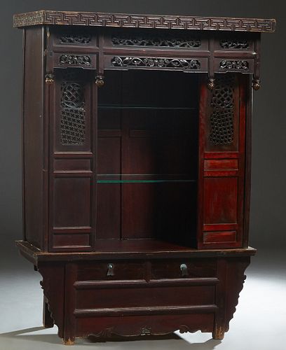 Chinese Shrine or Display Cabinet, 19th c., Shanxi province, the Greek key crown over a pierced border, atop two shelves and a base with two frieze dr