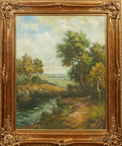 Chinese School, "Landscape with River," 20th c., oil on canvas, signed lower left, presented in a gilt frame, H.- 40 1/8 in., W.- 30 in., Framed H.- 5